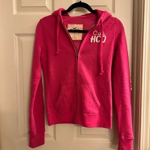 Hollister full zip hooded sweatshirt dark pink patch spell out womens small Y2K